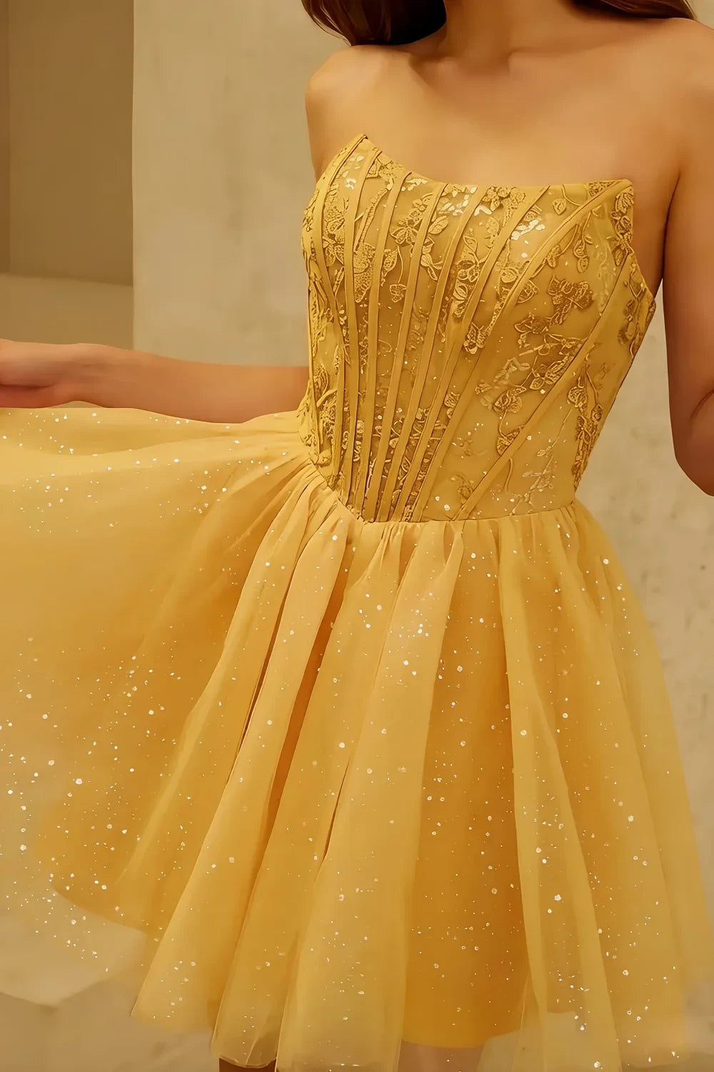 Frieda Gold Strapless Mini Dress | Sequin Tulle Party Gown