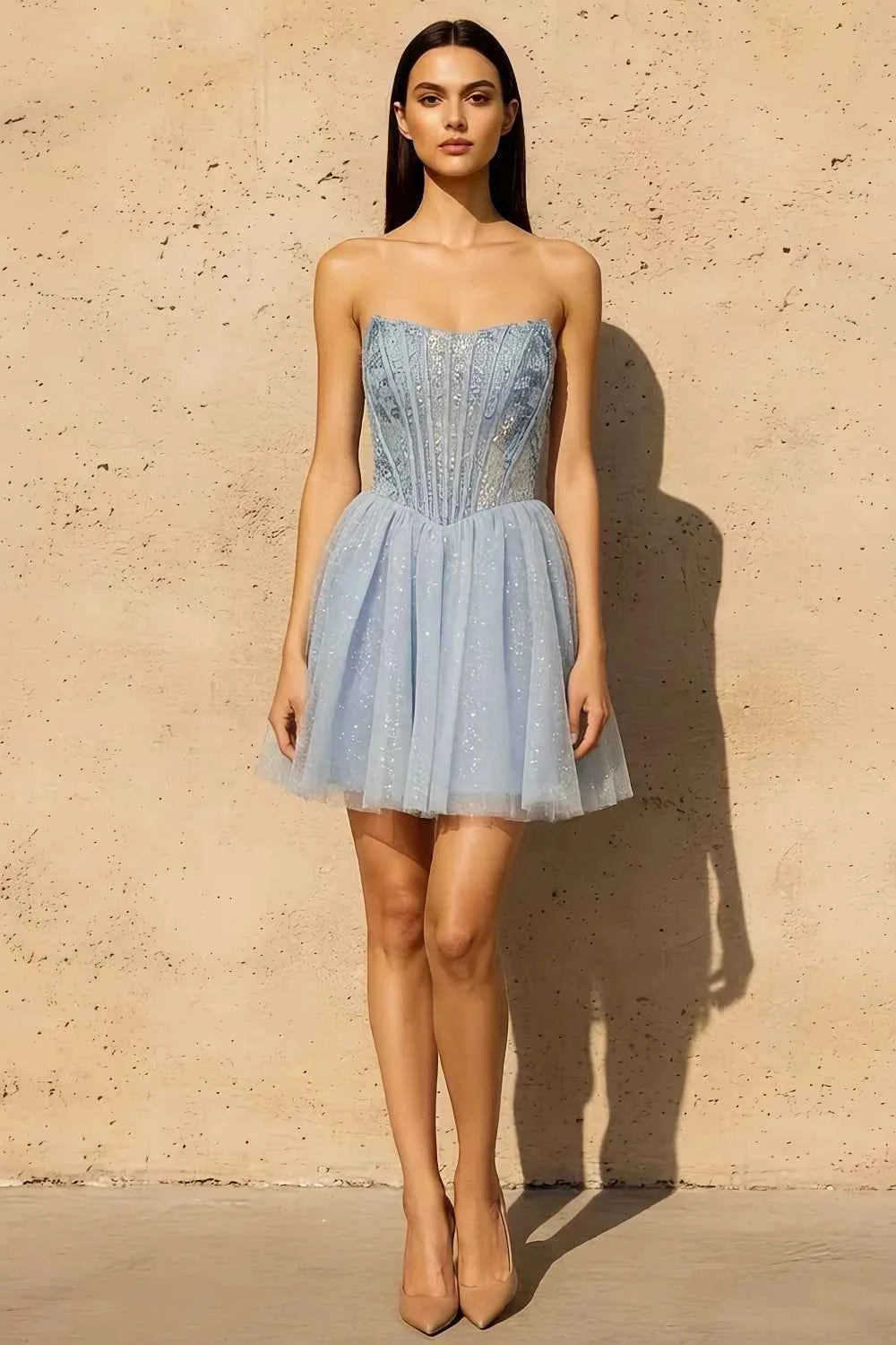 Frieda Light Blue Strapless Mini Dress | A-Line Corset Party Wear