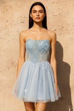 Frieda Light Blue Strapless Mini Dress | A-Line Corset Party Wear