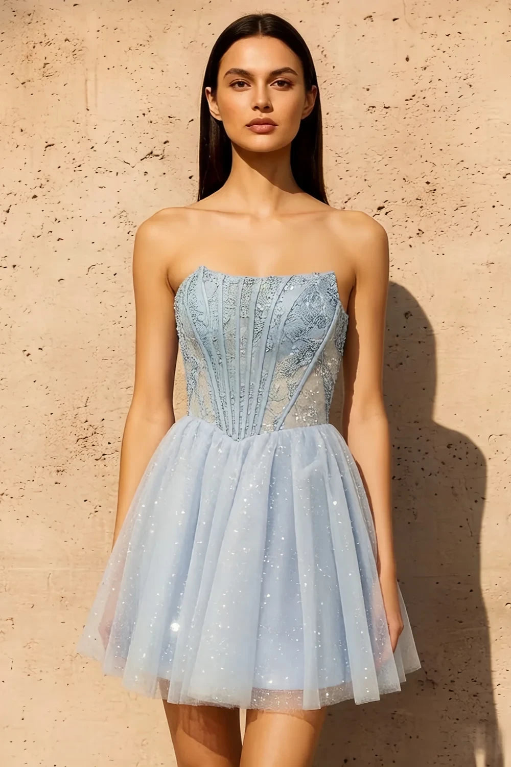 Frieda Light Blue Strapless Mini Dress | A-Line Corset Party Wear