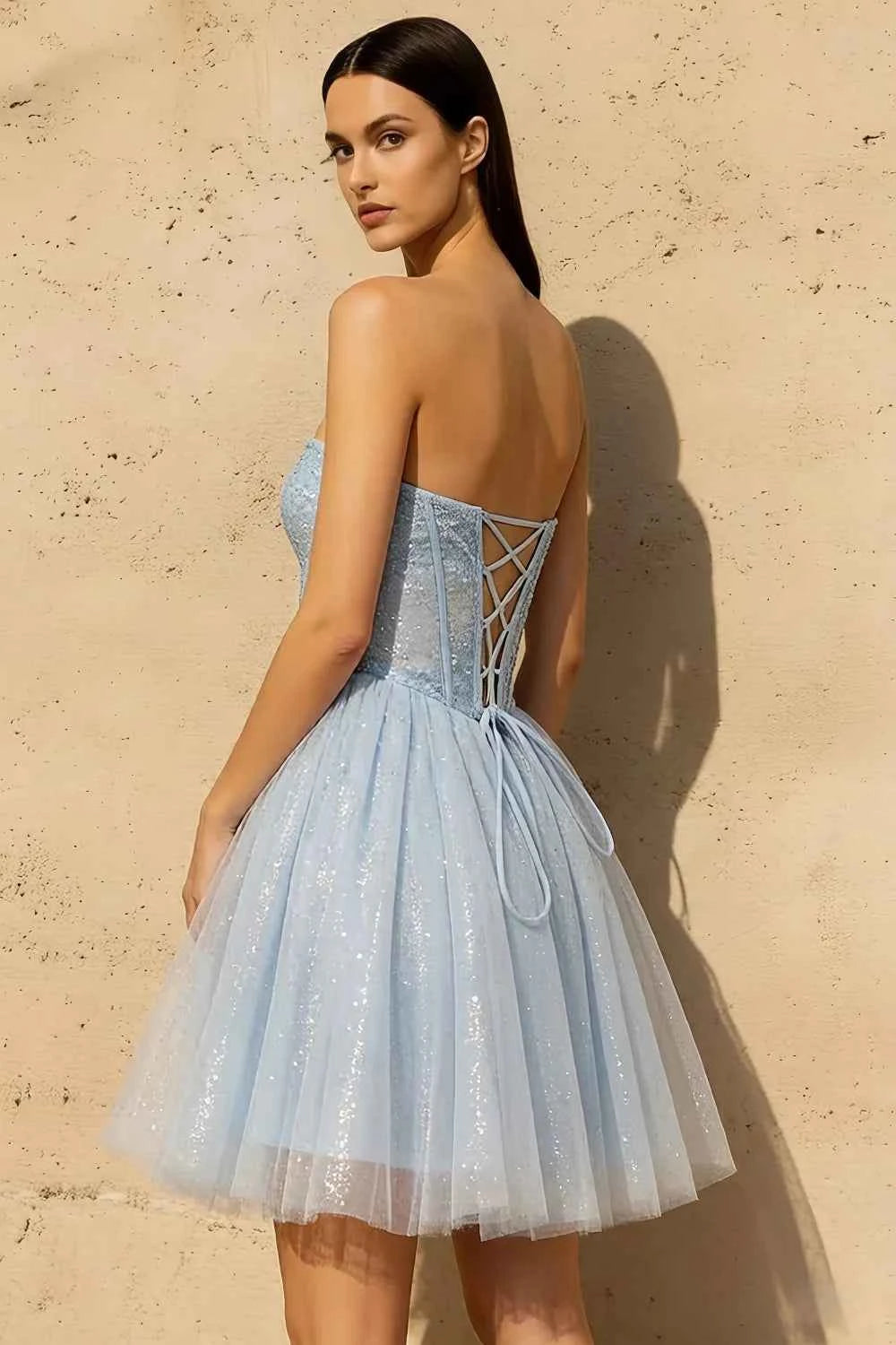 Frieda Light Blue Strapless Mini Dress | A-Line Corset Party Wear