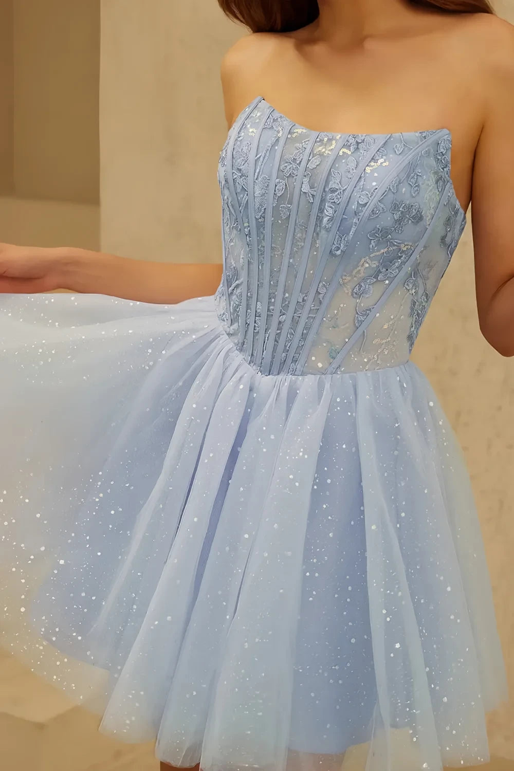 Frieda Light Blue Strapless Mini Dress | A-Line Corset Party Wear