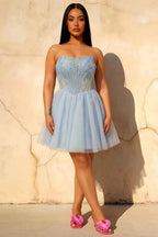Frieda Light Blue Strapless Mini Dress | A-Line Corset Party Wear
