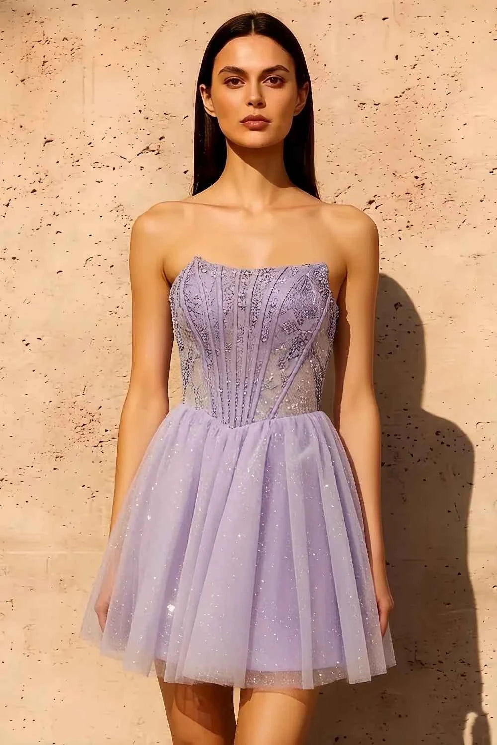 Frieda Lilac Strapless Mini Dress | Sequin Tulle Party Gown
