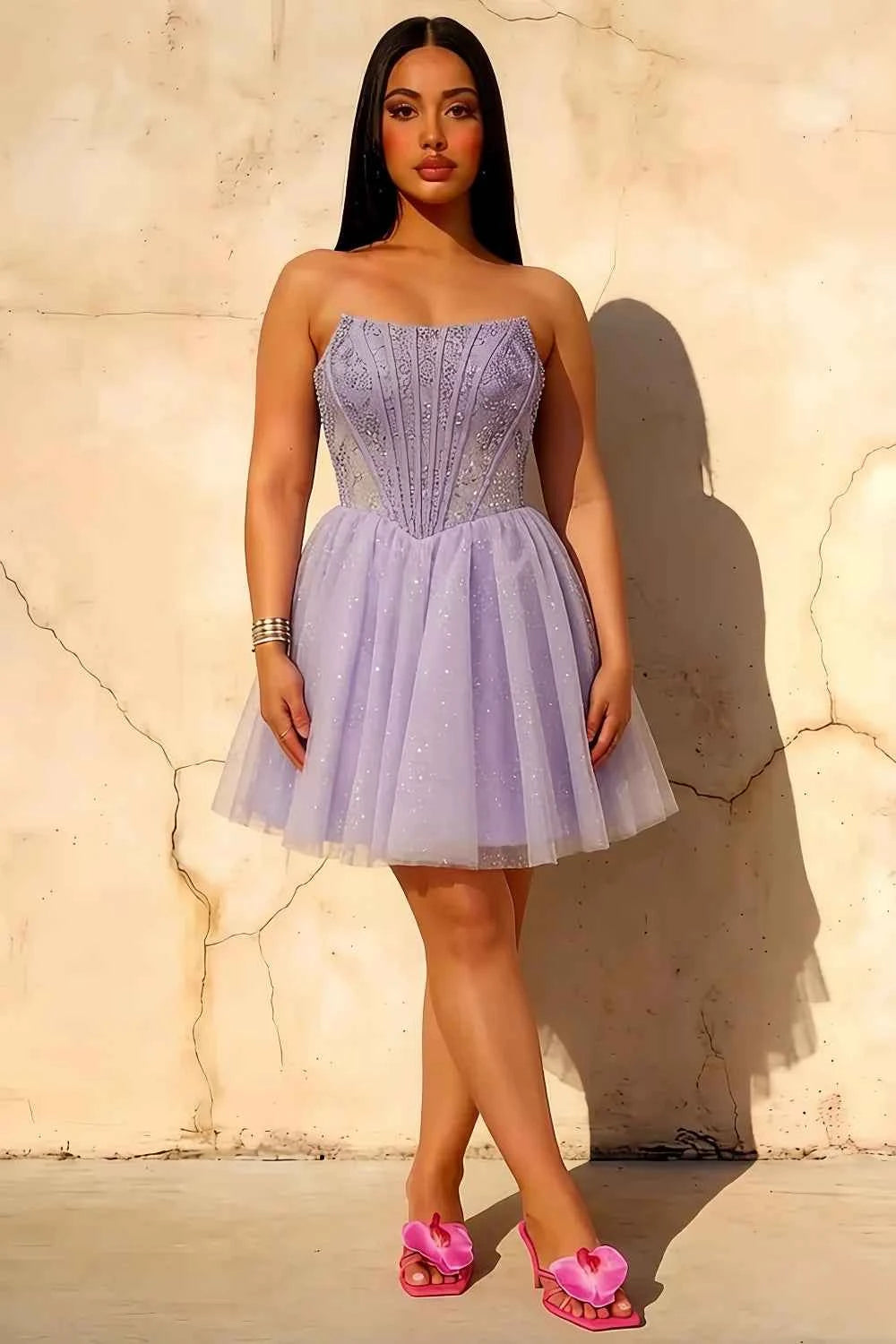Frieda Lilac Strapless Mini Dress | Sequin Tulle Party Gown