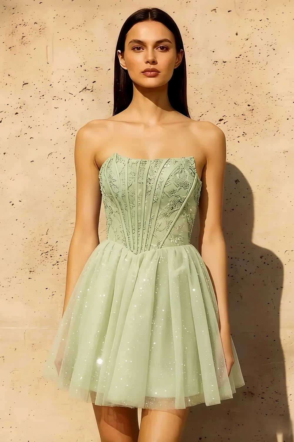 Frieda Mint Strapless Mini Dress | Sequin Tulle Party Gown