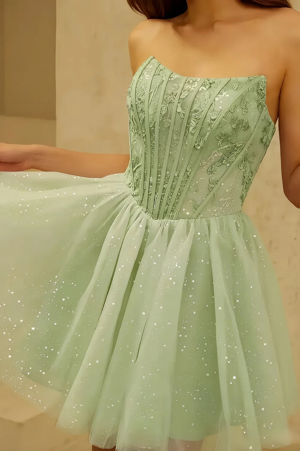 Frieda Mint Strapless Mini Dress | Sequin Tulle Party Gown