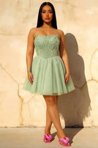 Frieda Mint Strapless Mini Dress | Sequin Tulle Party Gown