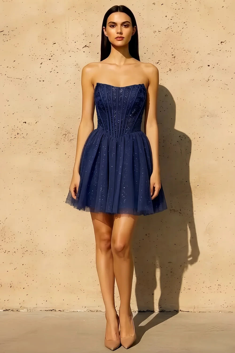 Frieda Navy Blue Strapless Mini Dress | Sparkly Tulle Party Look
