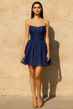 Frieda Navy Blue Strapless Mini Dress | Sparkly Tulle Party Look