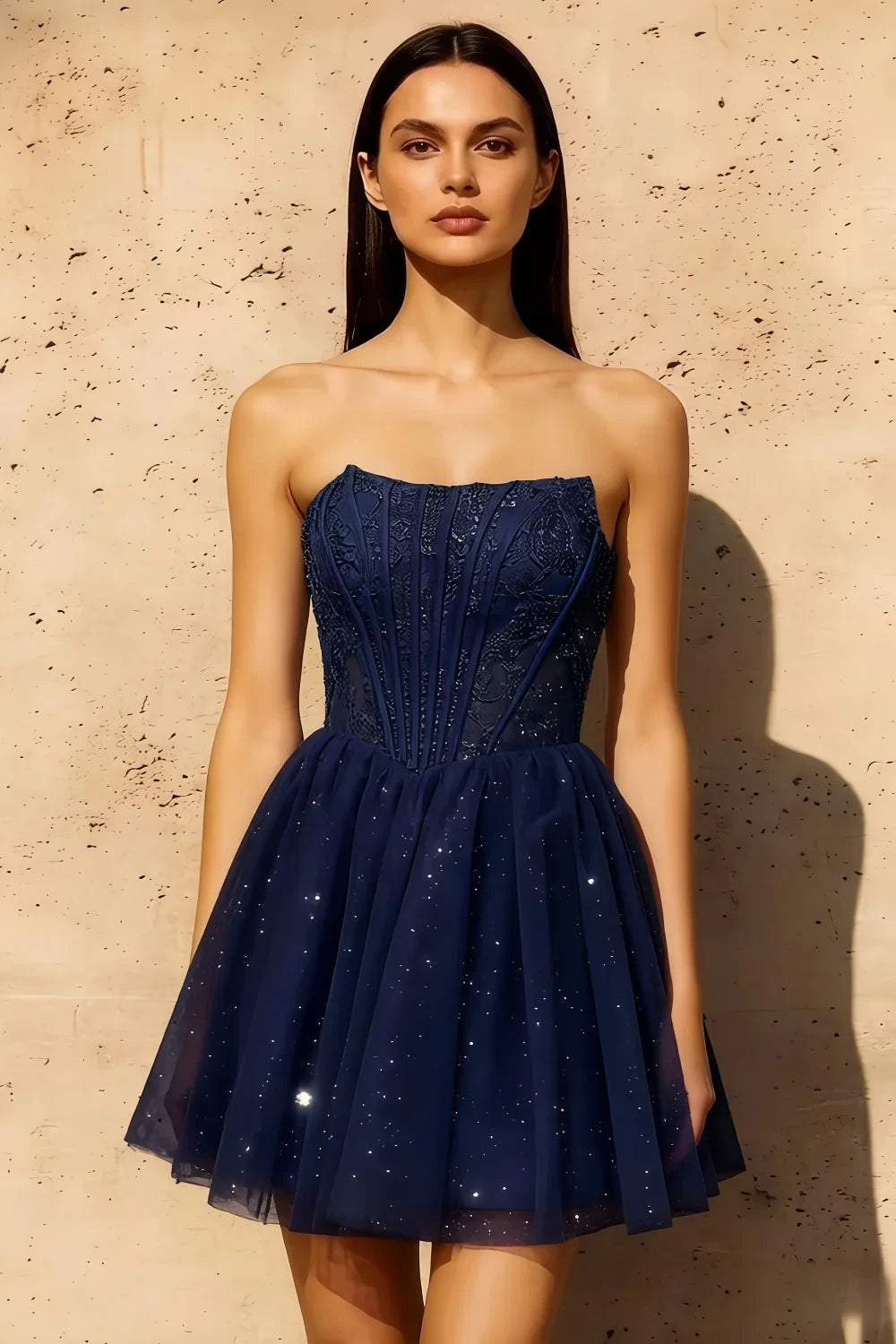 Frieda Navy Blue Strapless Mini Dress | Sparkly Tulle Party Look