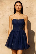 Frieda Navy Blue Strapless Mini Dress | Sparkly Tulle Party Look