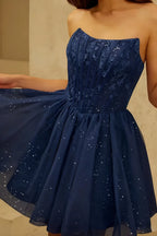 Frieda Navy Blue Strapless Mini Dress | Sparkly Tulle Party Look