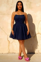 Frieda Navy Blue Strapless Mini Dress | Sparkly Tulle Party Look