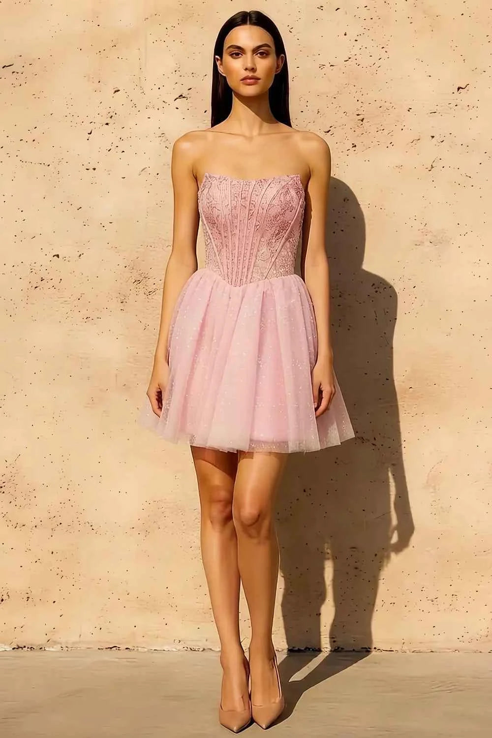 Frieda Pink Strapless Mini Dress | Sparkly Tulle Homecoming Dress