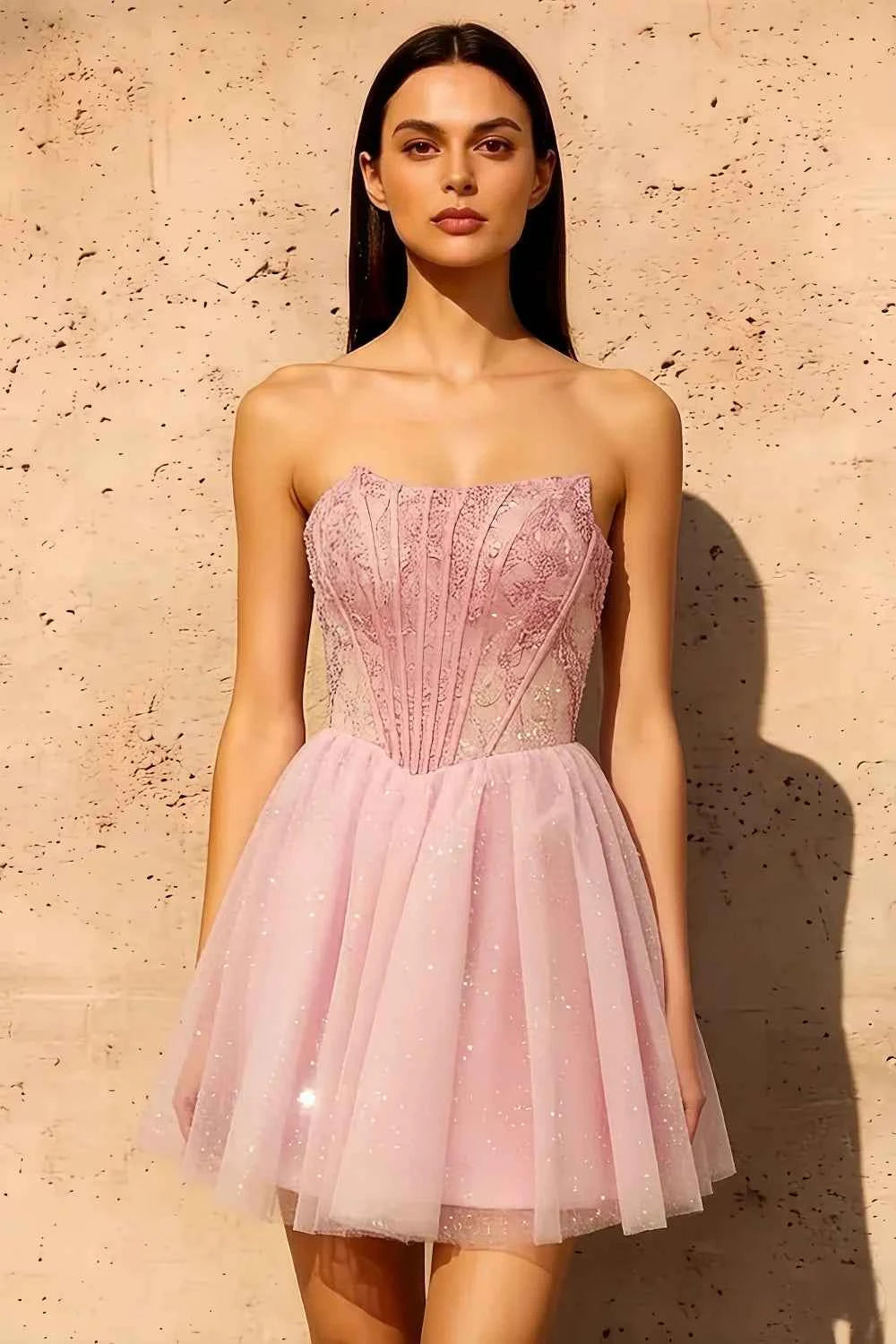 Frieda Pink Strapless Mini Dress | Sparkly Tulle Homecoming Dress