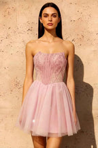 Frieda Pink Strapless Mini Dress | Sparkly Tulle Homecoming Dress