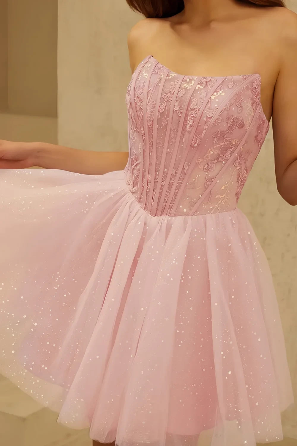 Frieda Pink Strapless Mini Dress | Sparkly Tulle Homecoming Dress