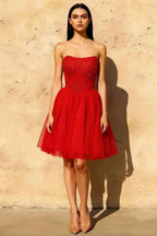 Frieda Red Strapless Mini Dress | Corset Glitter Tulle Party Wear