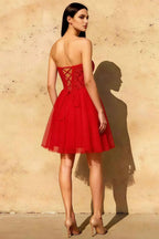 Frieda Red Strapless Mini Dress | Corset Glitter Tulle Party Wear