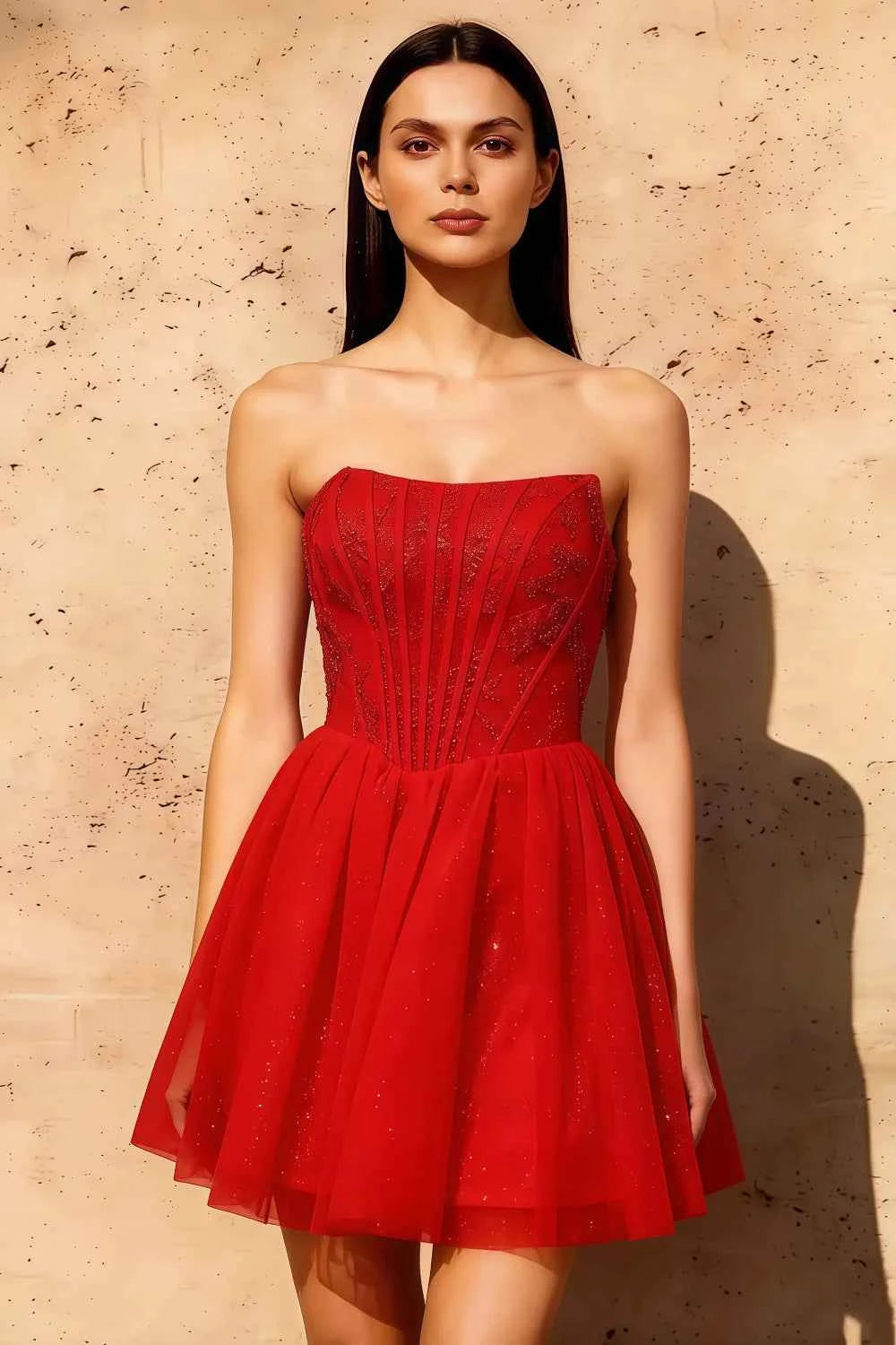 Frieda Red Strapless Mini Dress | Corset Glitter Tulle Party Wear