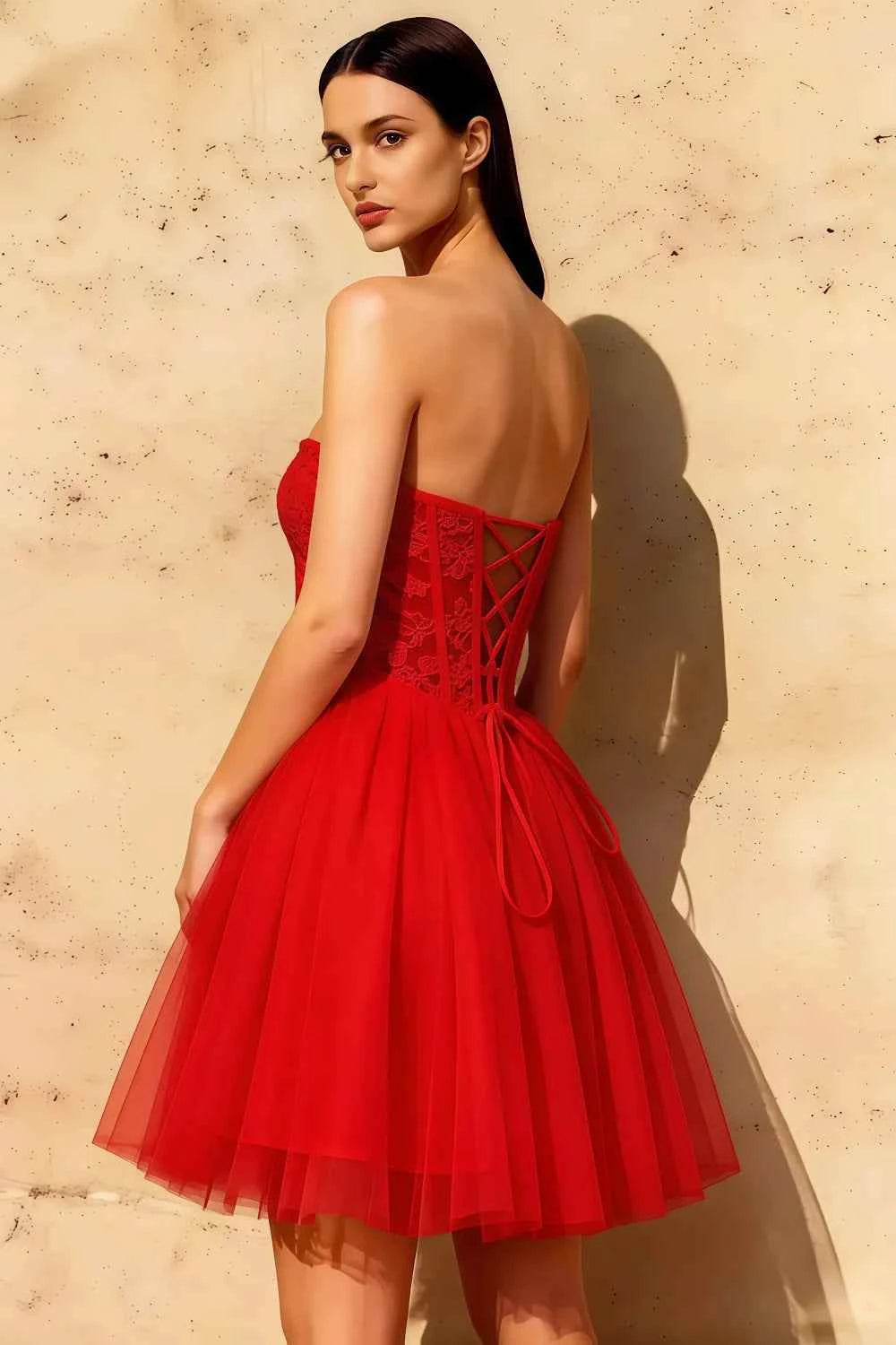 Frieda Red Strapless Mini Dress | Corset Glitter Tulle Party Wear
