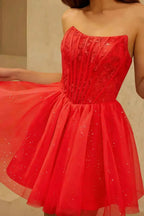Frieda Red Strapless Mini Dress | Corset Glitter Tulle Party Wear