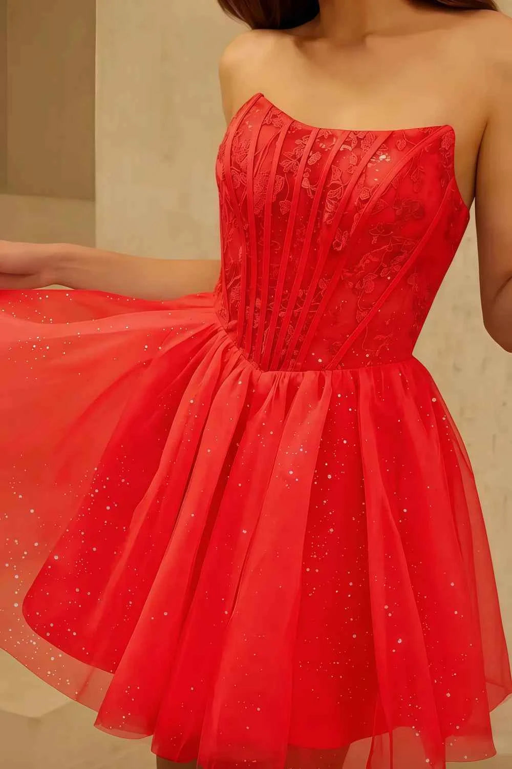 Frieda Red Strapless Mini Dress | Corset Glitter Tulle Party Wear