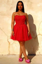 Frieda Red Strapless Mini Dress | Corset Glitter Tulle Party Wear