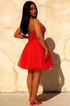 Frieda Red Strapless Mini Dress | Corset Glitter Tulle Party Wear