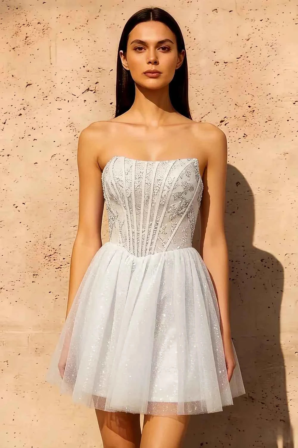 Frieda White Strapless Mini Dress | Sparkly Tulle Party Gown