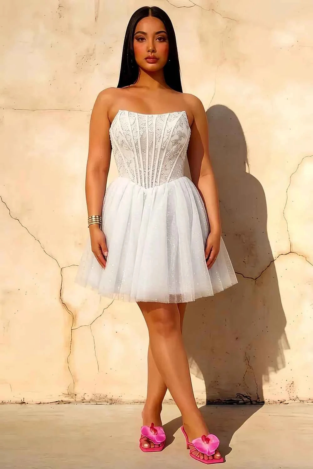 Frieda White Strapless Mini Dress | Sparkly Tulle Party Gown