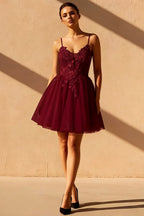 Gabriela Burgundy Tulle Mini Dress for Party & Homecoming