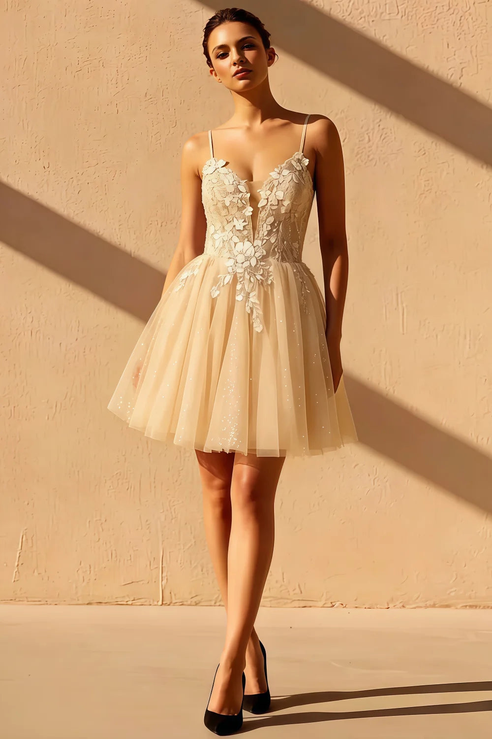 Gabriela Champagne Mini Dress With Tulle | Party Wear