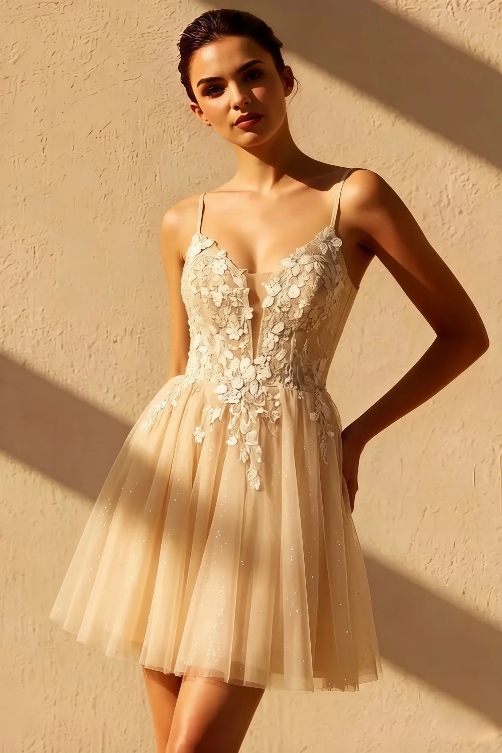 Gabriela Champagne Mini Dress With Tulle | Party Wear