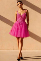 Gabriela Hot Pink Tulle Mini Dress | Sequin Applique Homecoming Gown