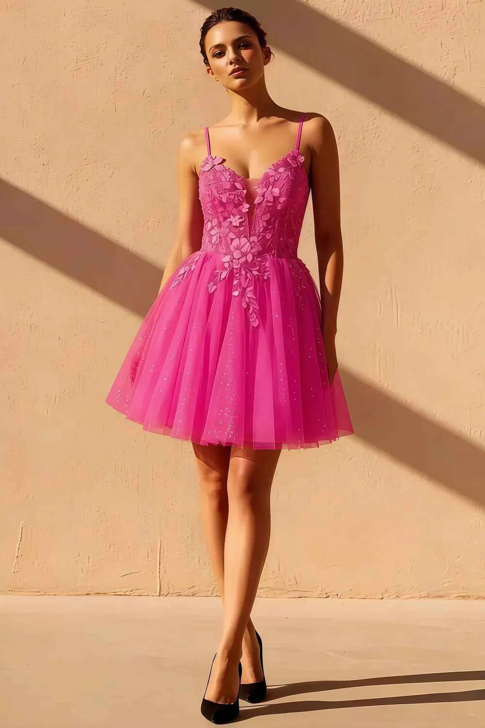 Gabriela Hot Pink Tulle Mini Dress | Sequin Applique Homecoming Gown