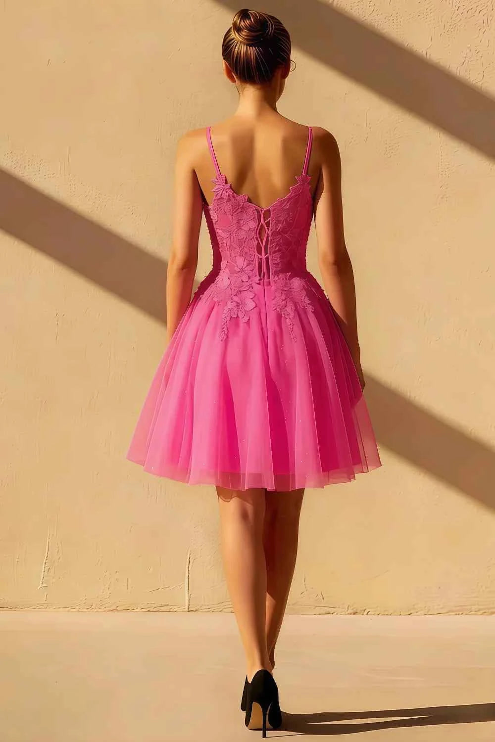 Gabriela Hot Pink Tulle Mini Dress | Sequin Applique Homecoming Gown