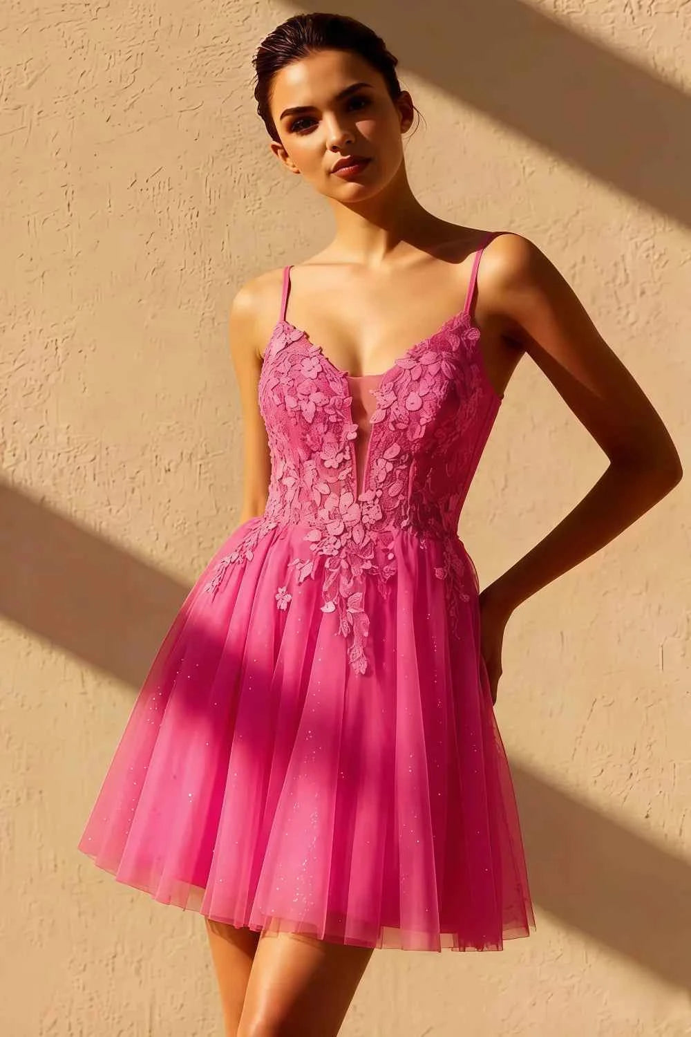 Gabriela Hot Pink Tulle Mini Dress | Sequin Applique Homecoming Gown