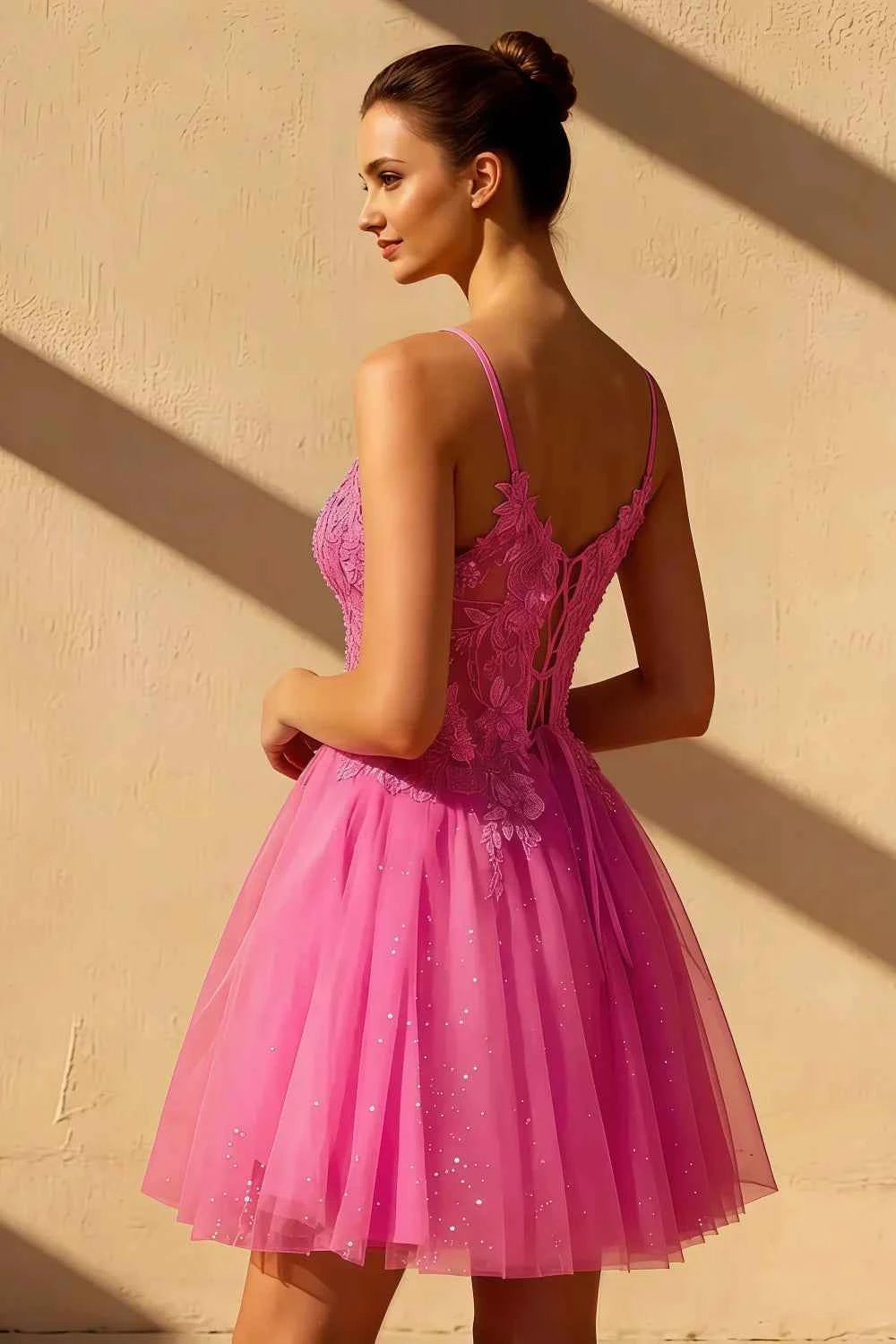Gabriela Hot Pink Tulle Mini Dress | Sequin Applique Homecoming Gown