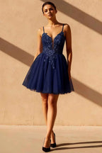 Gabriela Navy Mini Blue Tulle Dress | Sparkly A-Line Homecoming