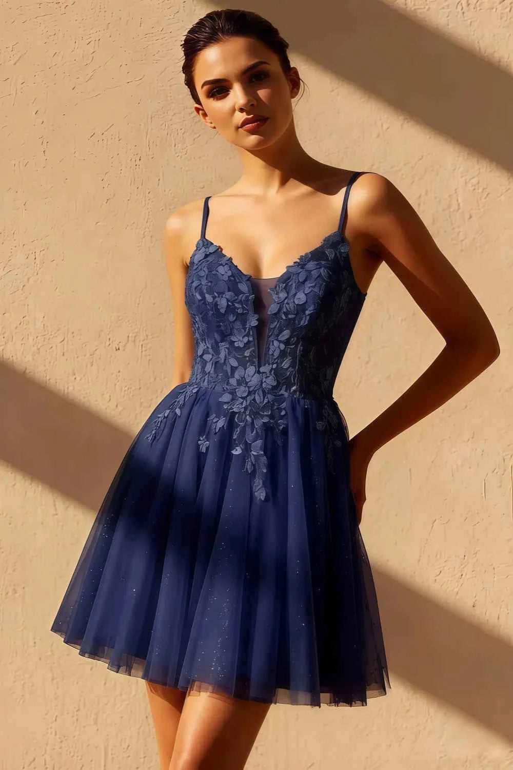 Gabriela Navy Mini Blue Tulle Dress | Sparkly A-Line Homecoming