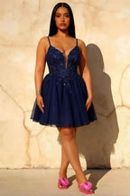 Gabriela Navy Mini Blue Tulle Dress | Sparkly A-Line Homecoming