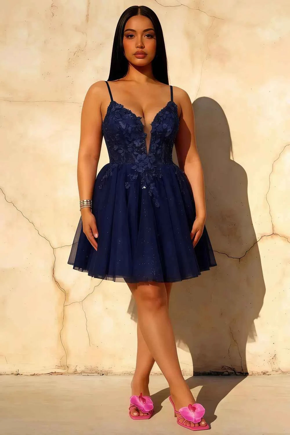 Gabriela Navy Mini Blue Tulle Dress | Sparkly A-Line Homecoming