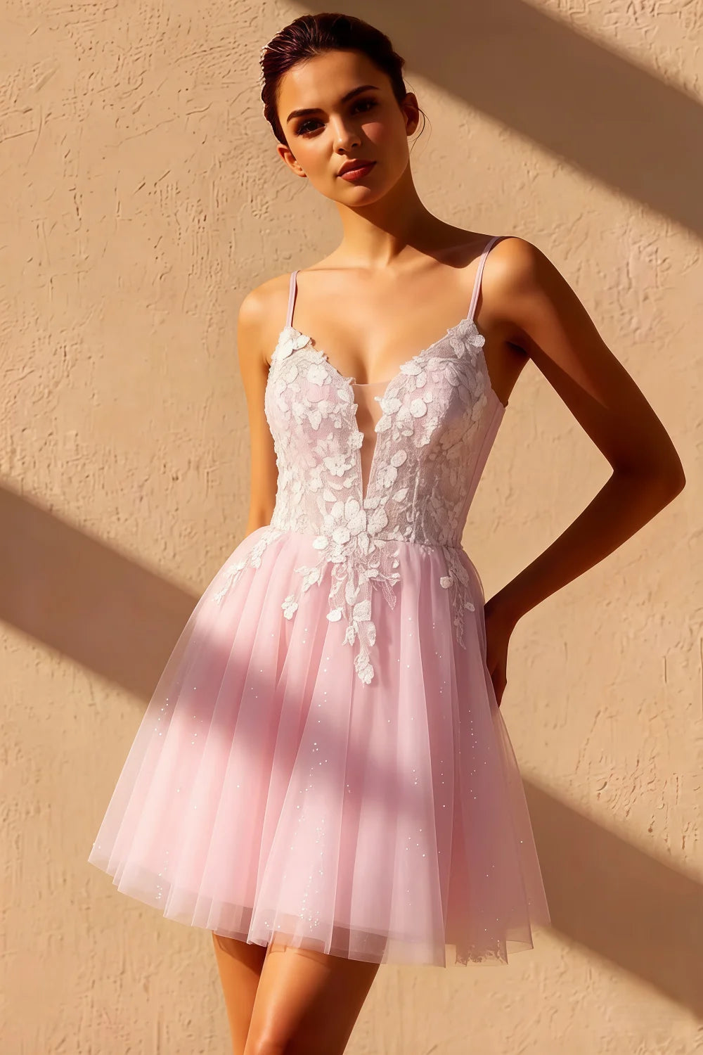Gabriela Pink Tulle Mini Dress | Sparkly Floral Homecoming