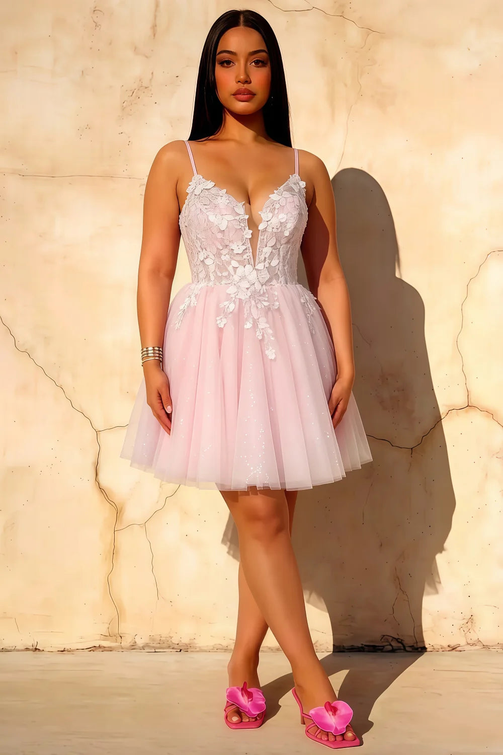 Gabriela Pink Tulle Mini Dress | Sparkly Floral Homecoming