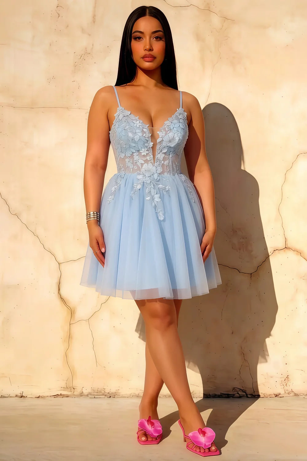 Gabriela Sky Blue Tulle Mini Dress | A-Line Hoco Dress