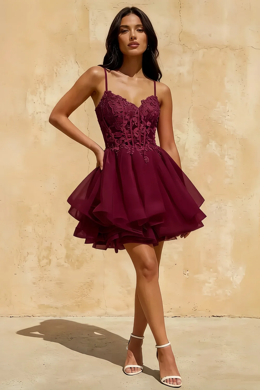Gail Burgundy Mini Rhinestone Dress | Elegant Lace Party Gown