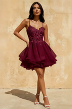 Gail Burgundy Mini Rhinestone Dress | Elegant Lace Party Gown
