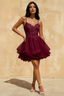 Gail Burgundy Mini Rhinestone Dress | Elegant Lace Party Gown